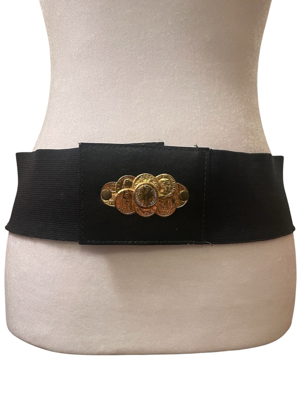 80s Black Elastic Waist Belt with Gold Coin Accent Plate 32.5”